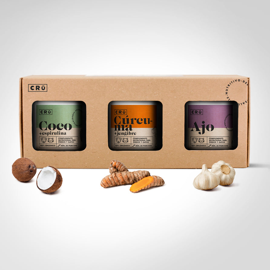 Pack de 3 suplementos nutricionales - golden paste, coco y espirulina, ajo