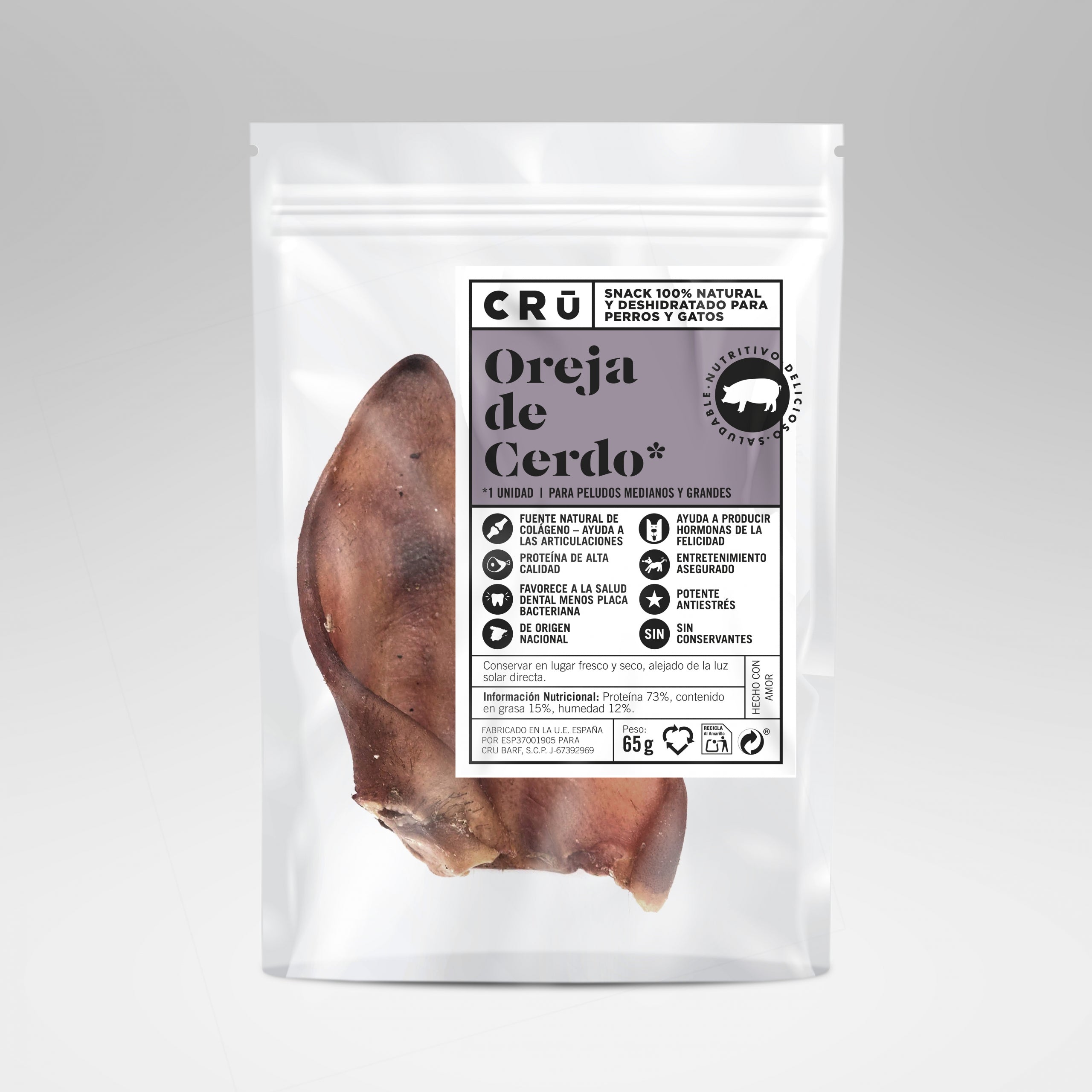 Snack natural oreja de cerdo deshidratada para perro