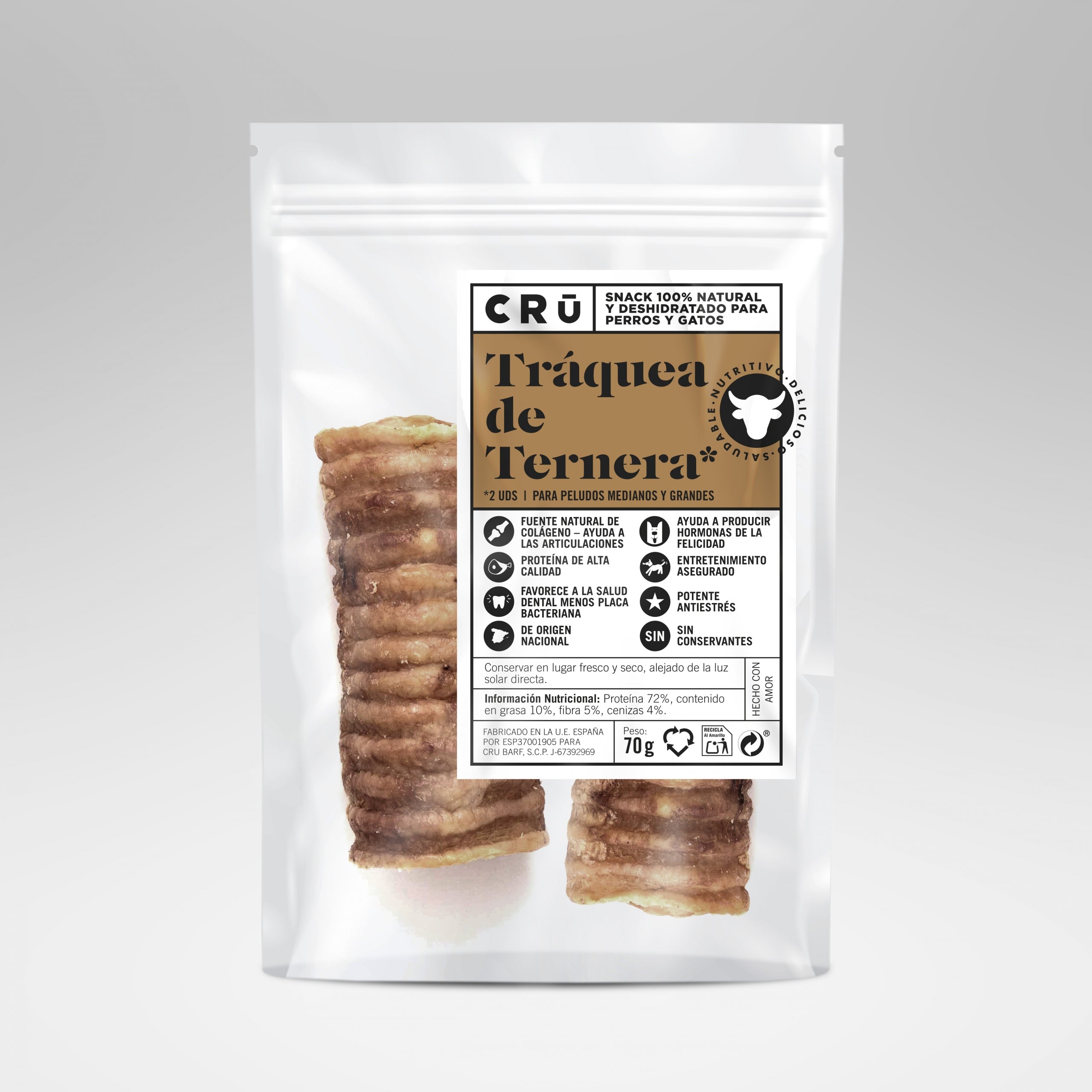 Snack natural de tráquea de ternera deshidratada para perro