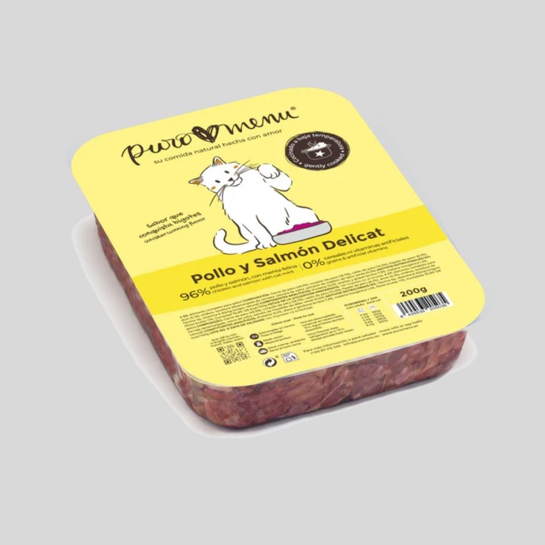 Menú Cocinado de Pollo y Salmón para gato – 200 g